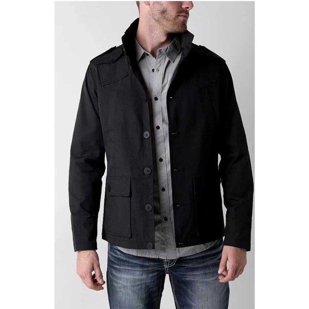 Kane & Unke Snap Front Military Jacket With Hidden Hood Black Men’s Size M